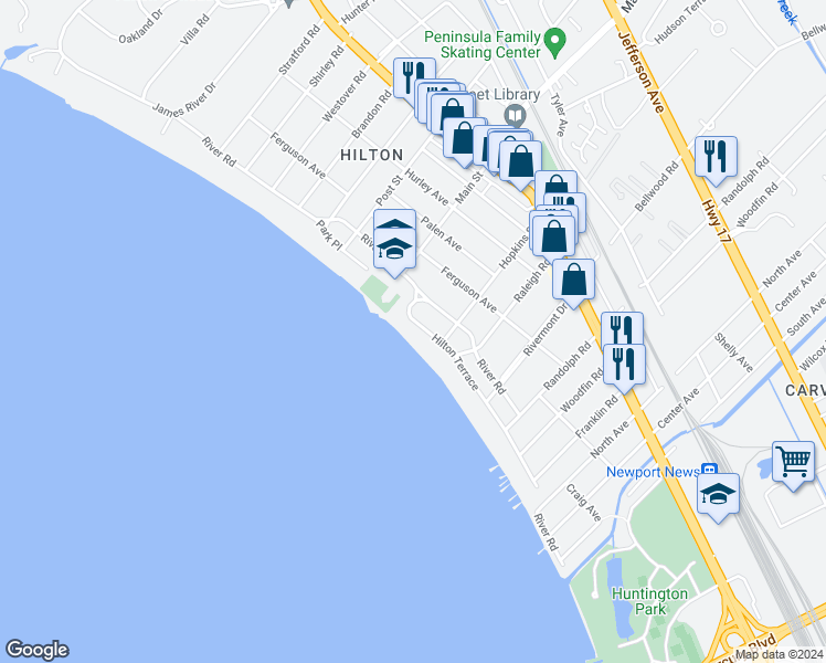map of restaurants, bars, coffee shops, grocery stores, and more near 209 Hilton Terrace in Newport News