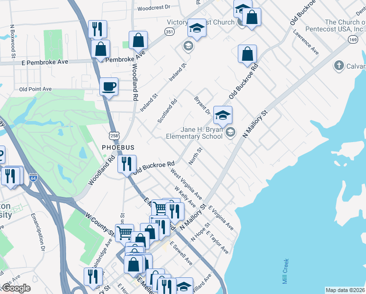 map of restaurants, bars, coffee shops, grocery stores, and more near 732 Old Buckroe Road in Hampton