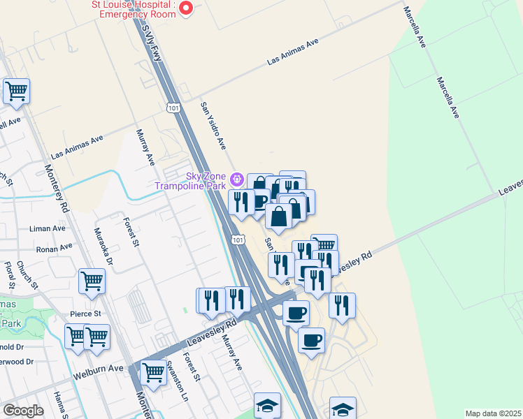 map of restaurants, bars, coffee shops, grocery stores, and more near 8660 San Ysidro Avenue in Gilroy