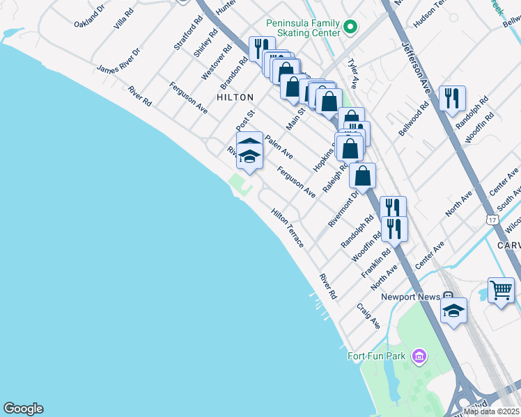 map of restaurants, bars, coffee shops, grocery stores, and more near 209 Hilton Terrace in Newport News