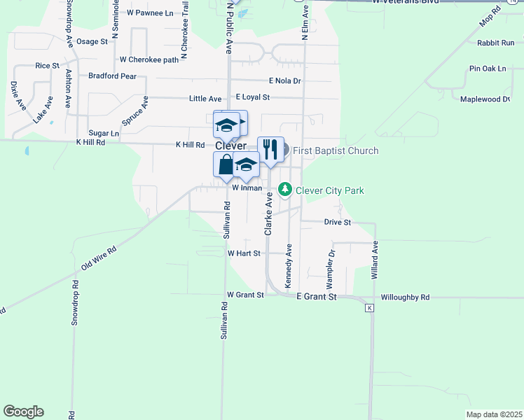 map of restaurants, bars, coffee shops, grocery stores, and more near 2556 Mount Sinai Road in Clever