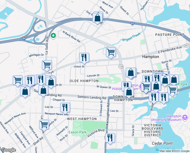 map of restaurants, bars, coffee shops, grocery stores, and more near 369 Lincoln Street in Hampton