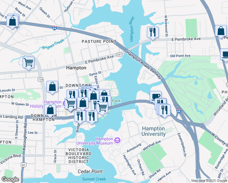 map of restaurants, bars, coffee shops, grocery stores, and more near 170 Mill Point Drive in Hampton