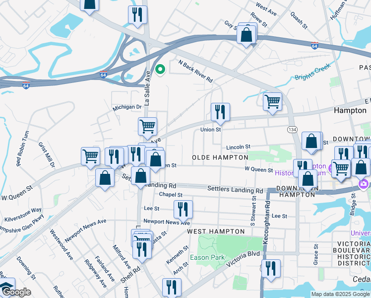 map of restaurants, bars, coffee shops, grocery stores, and more near 37 Redwood Street in Hampton