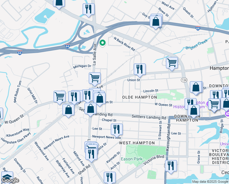 map of restaurants, bars, coffee shops, grocery stores, and more near 120 Palmer Street in Hampton