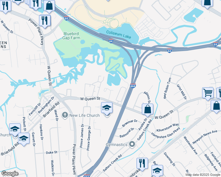 map of restaurants, bars, coffee shops, grocery stores, and more near 18 Inlandview Drive in Hampton