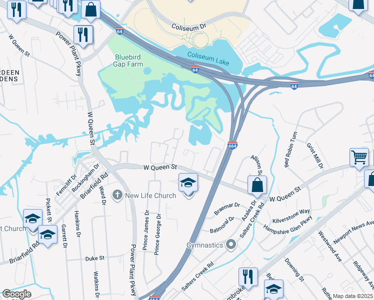 map of restaurants, bars, coffee shops, grocery stores, and more near 42B Inlandview Drive in Hampton
