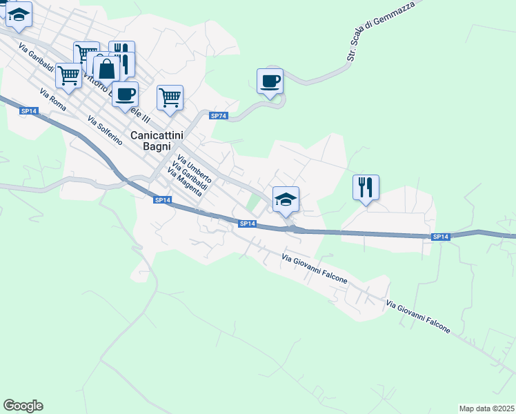 map of restaurants, bars, coffee shops, grocery stores, and more near 454-456 Via Vittorio Emanuele III in Canicattini Bagni
