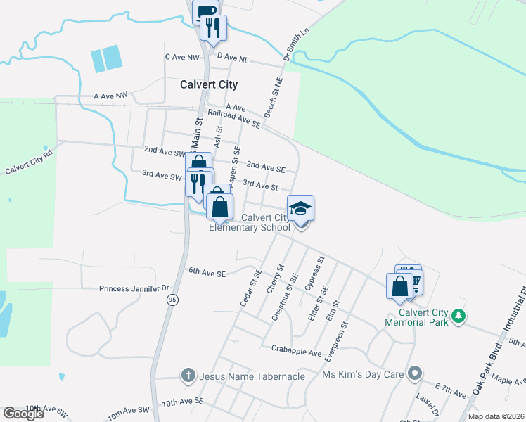 map of restaurants, bars, coffee shops, grocery stores, and more near 300-400 4th Avenue Southeast in Calvert City