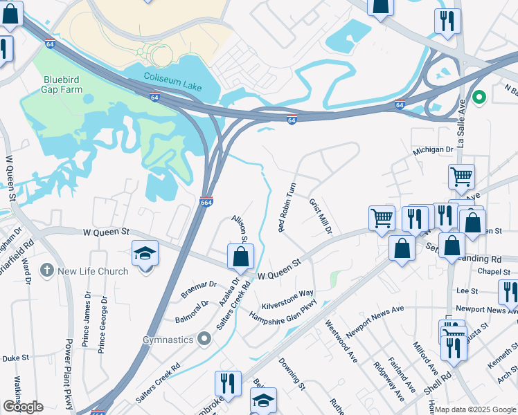 map of restaurants, bars, coffee shops, grocery stores, and more near 10 Robert Connor Drive in Hampton