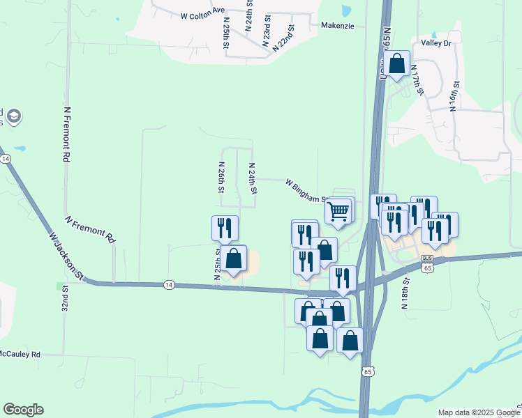 map of restaurants, bars, coffee shops, grocery stores, and more near 1002 North 24th Street in Ozark
