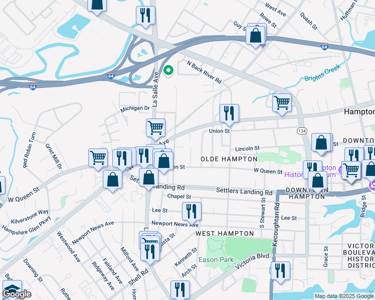 map of restaurants, bars, coffee shops, grocery stores, and more near 120 Palmer Street in Hampton