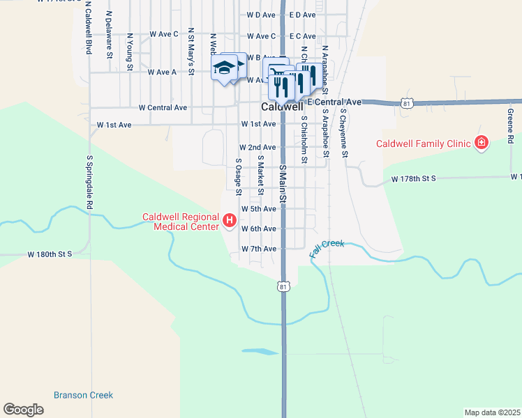 map of restaurants, bars, coffee shops, grocery stores, and more near 498 South Market Street in Caldwell