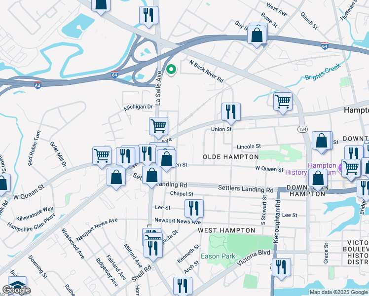 map of restaurants, bars, coffee shops, grocery stores, and more near 120 Palmer Lane in Newport News