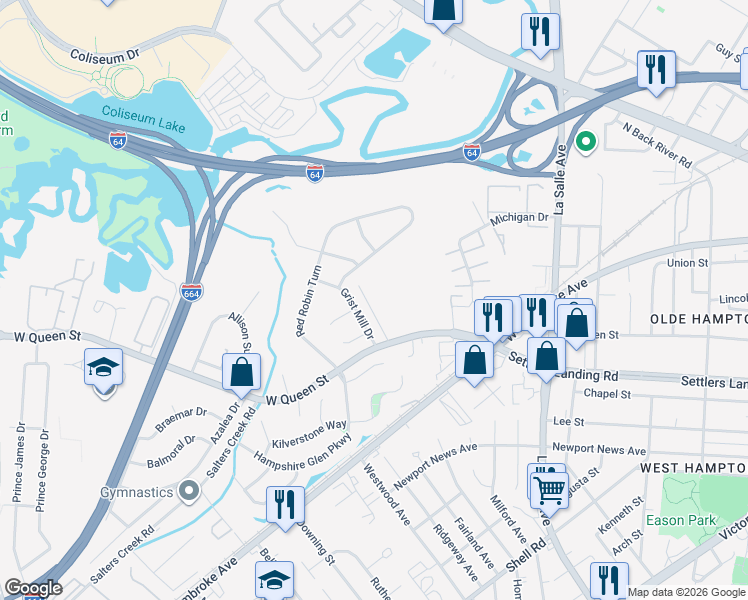 map of restaurants, bars, coffee shops, grocery stores, and more near 14 McDonald Road in Hampton