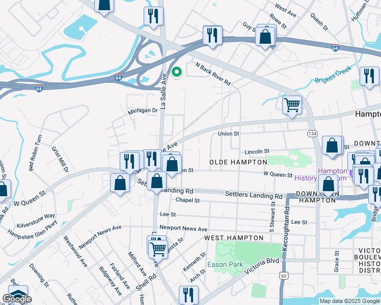 map of restaurants, bars, coffee shops, grocery stores, and more near 120 Palmer Street in Hampton