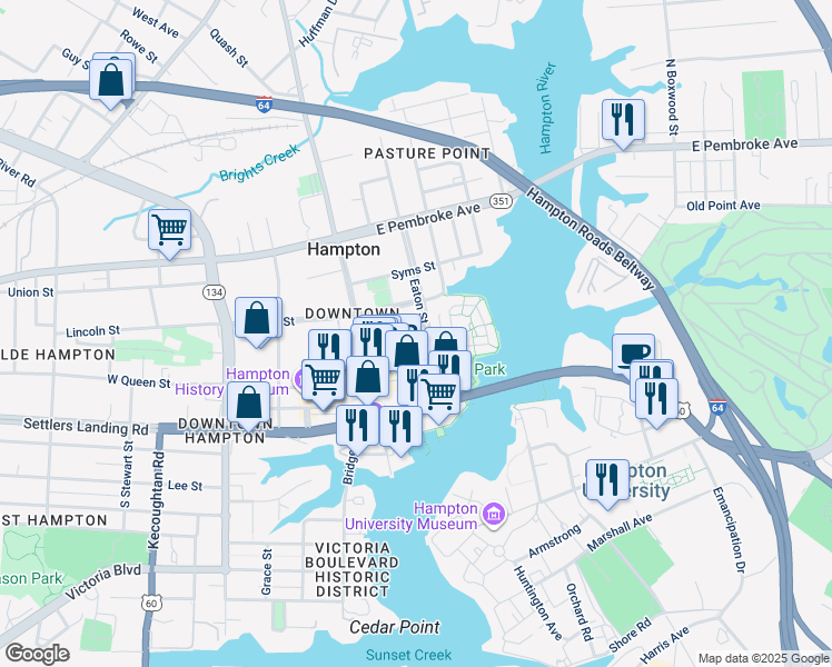 map of restaurants, bars, coffee shops, grocery stores, and more near 25 Academy Lane in Hampton