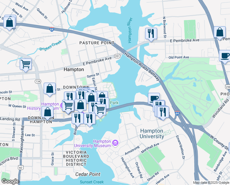 map of restaurants, bars, coffee shops, grocery stores, and more near 170 Mill Point Drive in Hampton