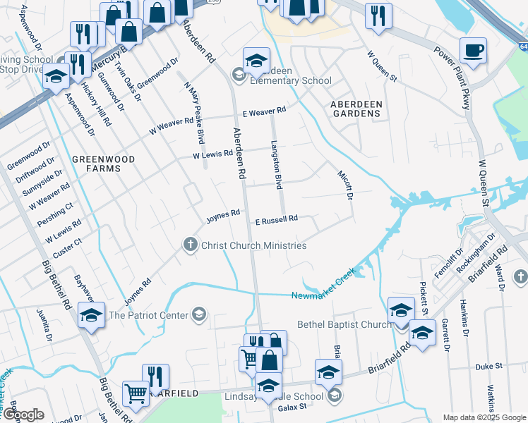 map of restaurants, bars, coffee shops, grocery stores, and more near 7 East Russell Road in Hampton