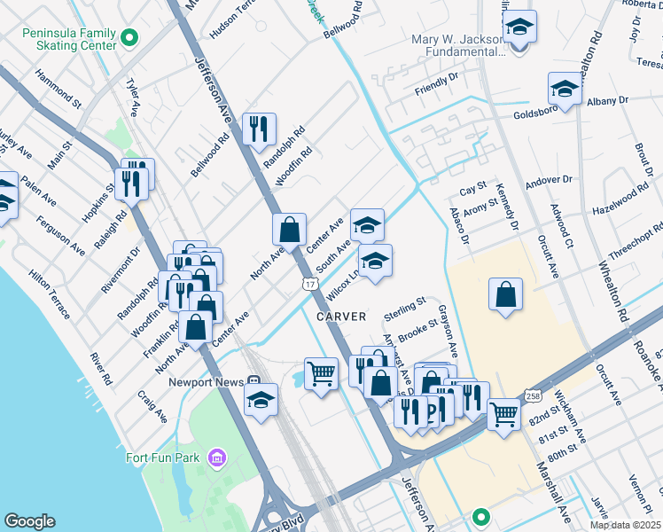 map of restaurants, bars, coffee shops, grocery stores, and more near 722 South Avenue in Newport News