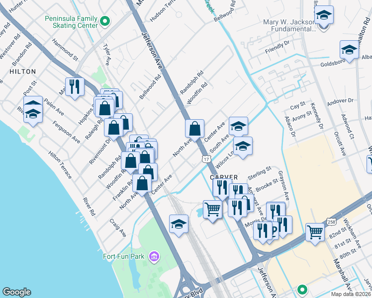 map of restaurants, bars, coffee shops, grocery stores, and more near 622 North Avenue in Newport News