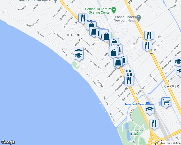 map of restaurants, bars, coffee shops, grocery stores, and more near 205 River Road in Newport News