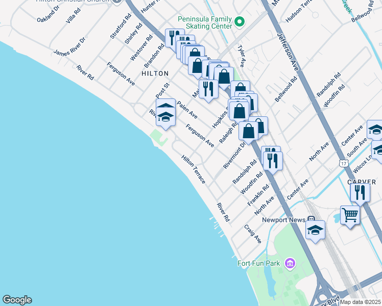 map of restaurants, bars, coffee shops, grocery stores, and more near 205 River Road in Newport News