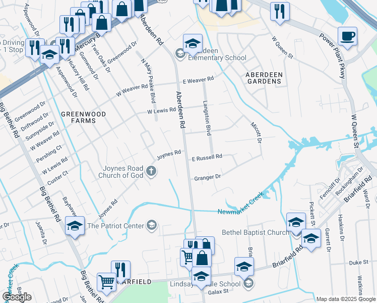 map of restaurants, bars, coffee shops, grocery stores, and more near 1100 Aberdeen Road in Hampton