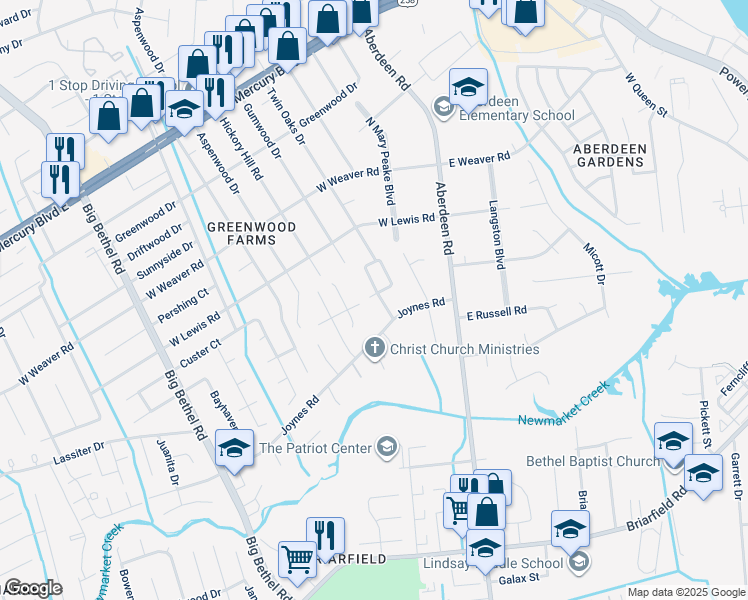map of restaurants, bars, coffee shops, grocery stores, and more near 1109 Guthrie Road in Hampton