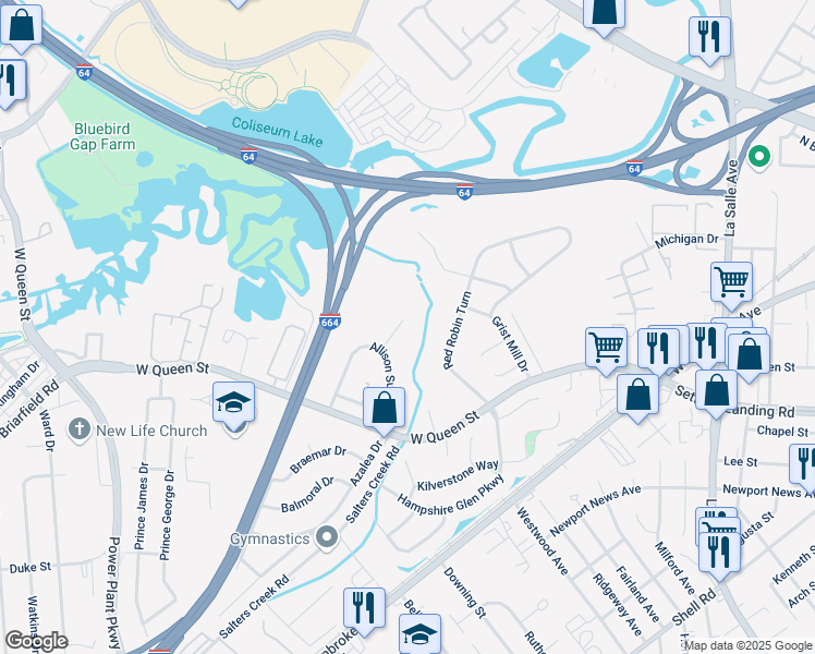 map of restaurants, bars, coffee shops, grocery stores, and more near 10 Robert Connor Drive in Hampton