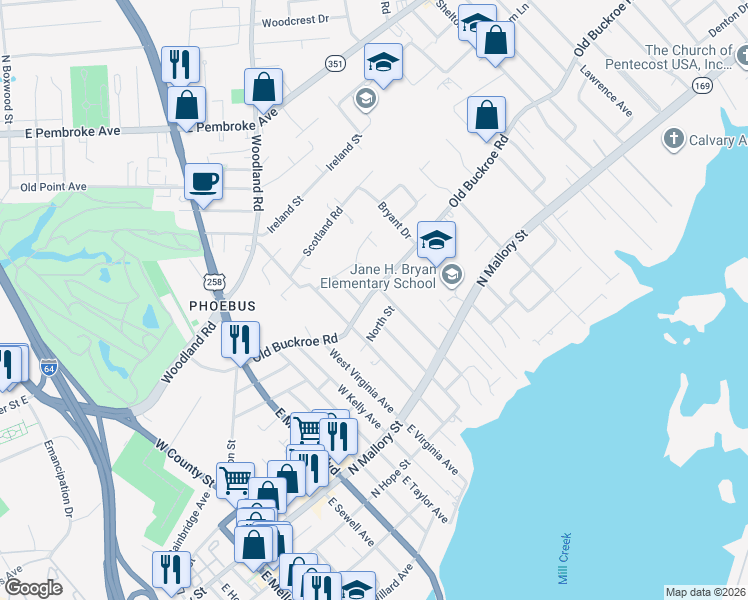 map of restaurants, bars, coffee shops, grocery stores, and more near 732 Old Buckroe Road in Hampton