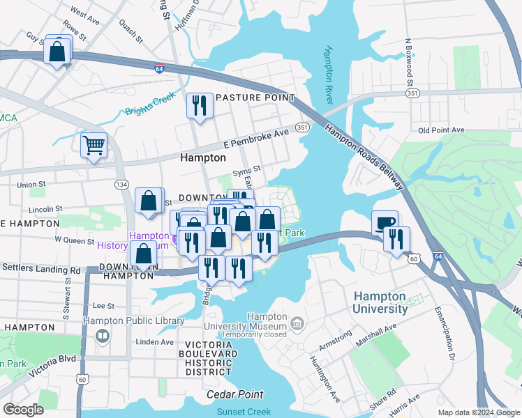 map of restaurants, bars, coffee shops, grocery stores, and more near 23 Miles Cary Mews in Hampton