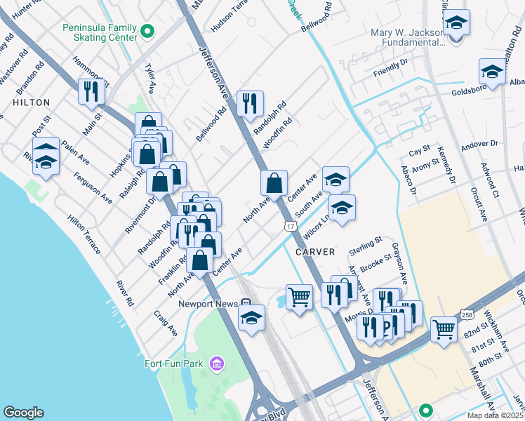 map of restaurants, bars, coffee shops, grocery stores, and more near 622 North Avenue in Newport News
