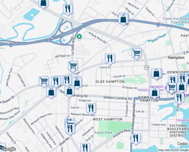 map of restaurants, bars, coffee shops, grocery stores, and more near 37 Redwood Street in Hampton