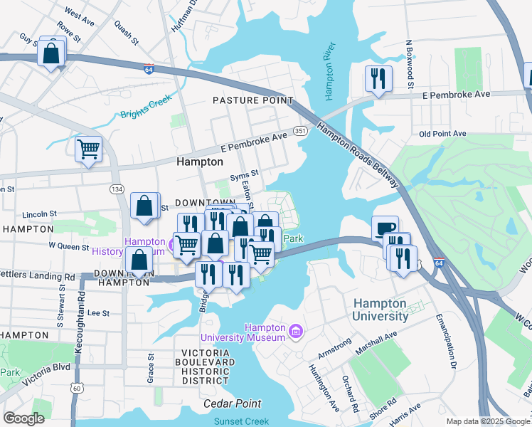 map of restaurants, bars, coffee shops, grocery stores, and more near 20 Miles Cary Mews in Hampton