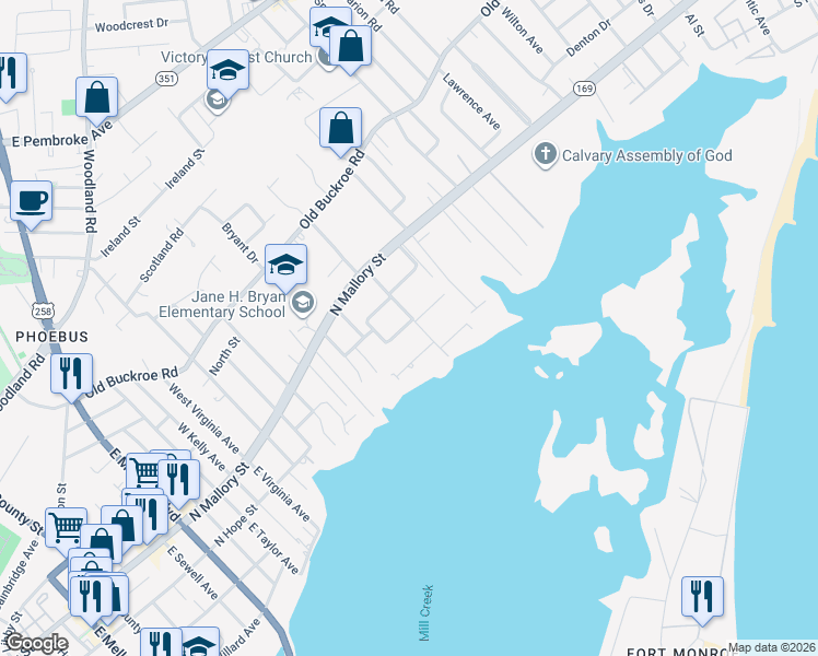 map of restaurants, bars, coffee shops, grocery stores, and more near 120 Primrose Avenue in Hampton
