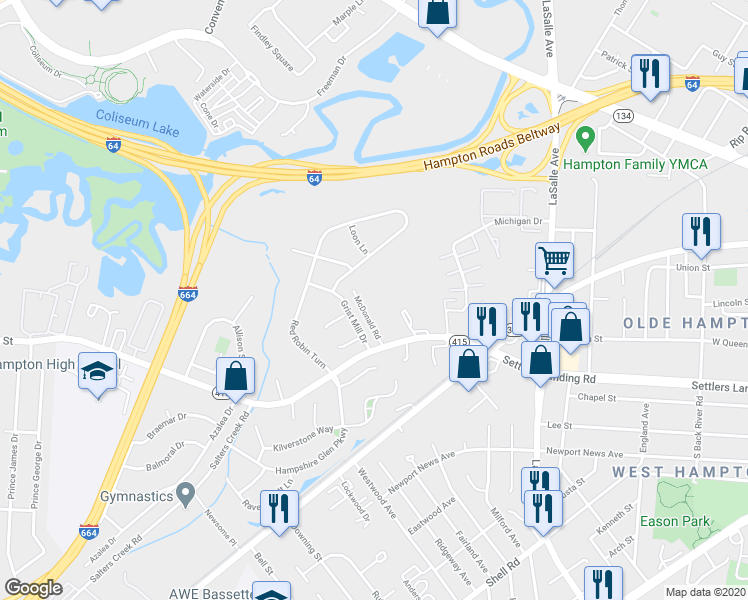 map of restaurants, bars, coffee shops, grocery stores, and more near 14 McDonald Road in Hampton