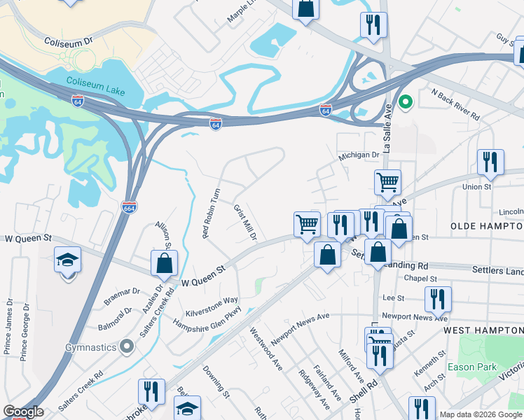map of restaurants, bars, coffee shops, grocery stores, and more near 14 McDonald Road in Hampton