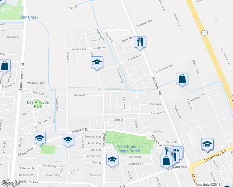 map of restaurants, bars, coffee shops, grocery stores, and more near 470 La Primavera Way in Gilroy