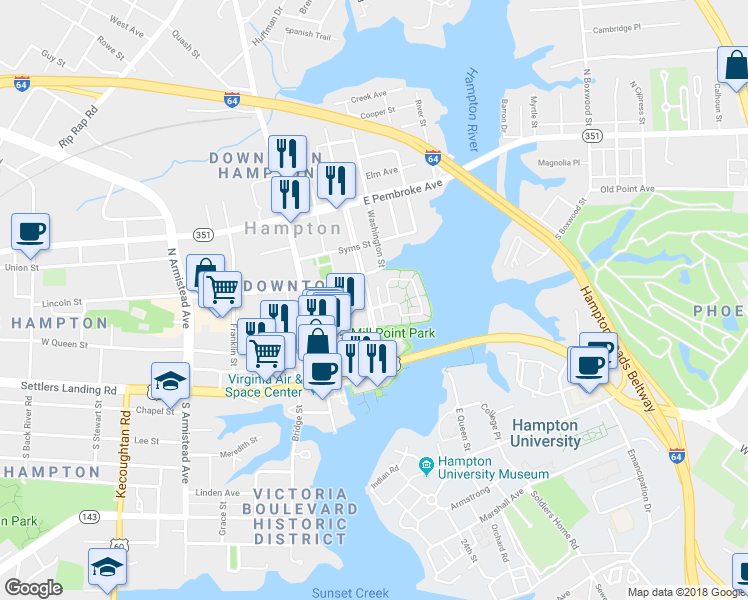 map of restaurants, bars, coffee shops, grocery stores, and more near 20 Miles Cary Mews in Hampton