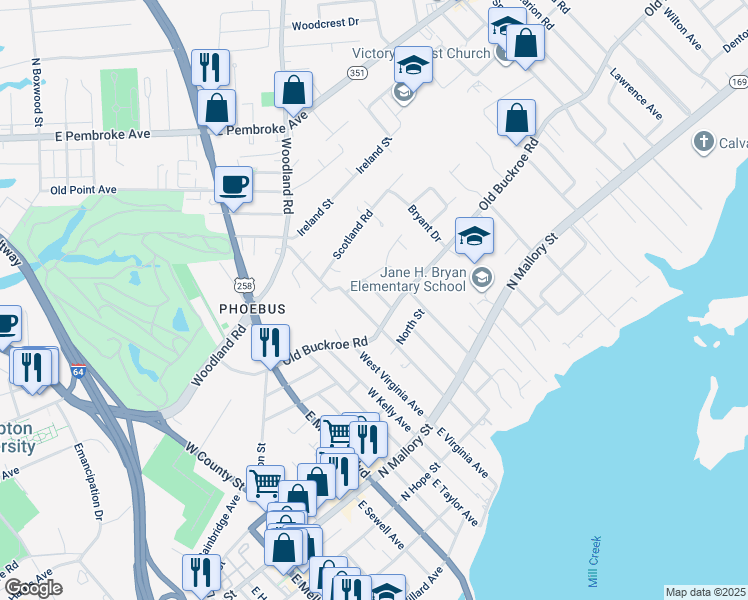 map of restaurants, bars, coffee shops, grocery stores, and more near 3 Douglas Street in Hampton