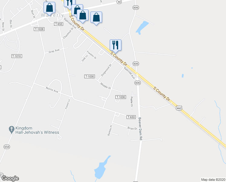 map of restaurants, bars, coffee shops, grocery stores, and more near 243 Locust Drive in Waverly