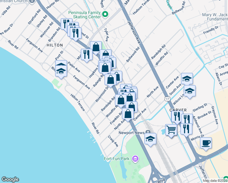 map of restaurants, bars, coffee shops, grocery stores, and more near 9907 U.S. 60 in Newport News