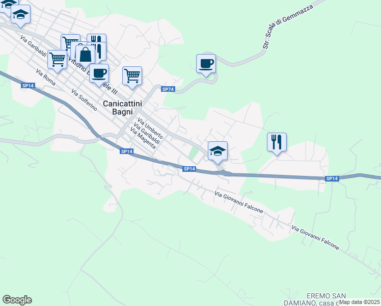 map of restaurants, bars, coffee shops, grocery stores, and more near 400 Via Umberto in Canicattini Bagni