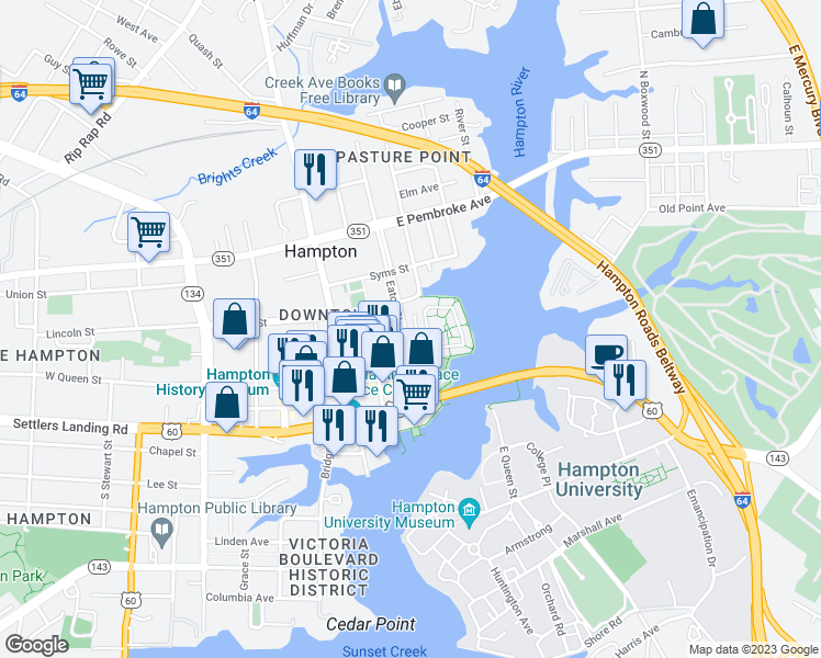 map of restaurants, bars, coffee shops, grocery stores, and more near 29 Miles Cary Mews in Hampton