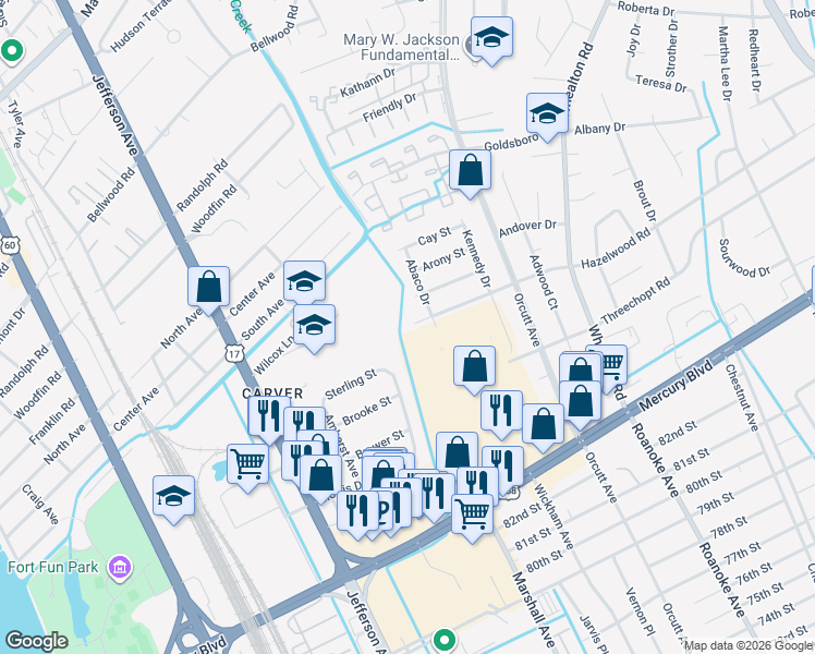 map of restaurants, bars, coffee shops, grocery stores, and more near 5108 Hazelwood Road in Newport News