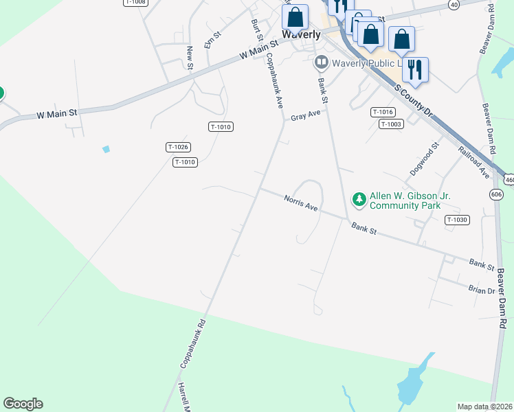 map of restaurants, bars, coffee shops, grocery stores, and more near 313 Coppahaunk Avenue in Waverly