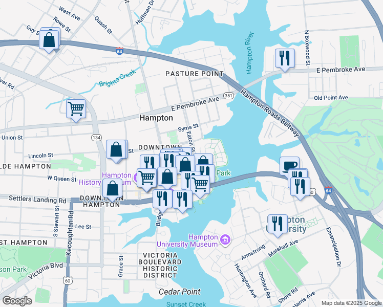 map of restaurants, bars, coffee shops, grocery stores, and more near 25 Academy Lane in Hampton