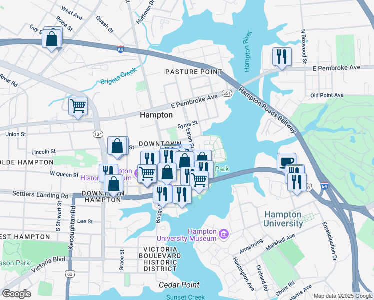 map of restaurants, bars, coffee shops, grocery stores, and more near 221 Eaton Street in Hampton