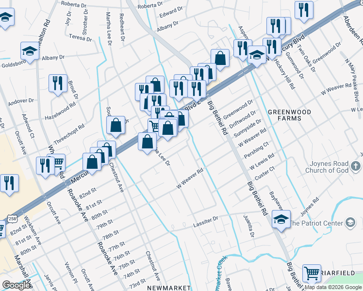 map of restaurants, bars, coffee shops, grocery stores, and more near 4004 Candlewood Drive in Hampton